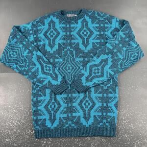 VTG Le Tigre Sweater Womens XLT Turquoise Geometric Aztec Ugly Cottage USA 90's
